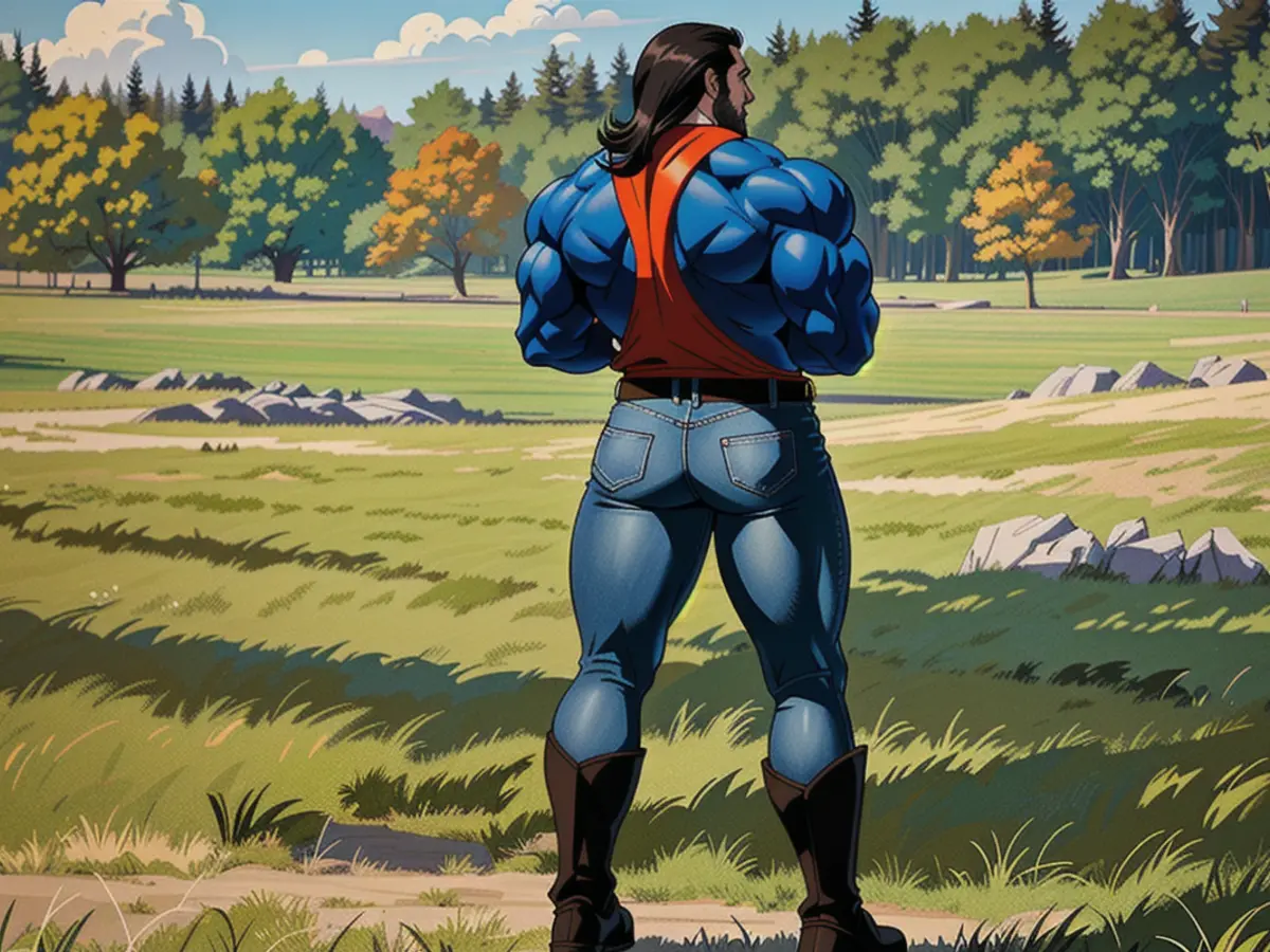 Observer Stalking the Lawn in Denim Jeans and Tall Boots from Behind Observer Stands Reared in Green Pasture, Clad in Denim Jeans and Tall Footwear (Blue)