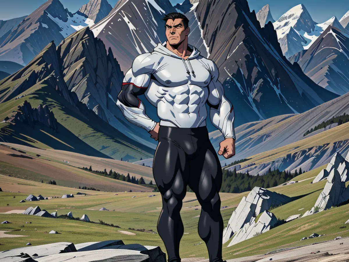 Individual clad in a gray hoodie and black leggings poses on a rough terrain featuring towering mountains as backdrop. Figure in a gray hoodie and black leggings poses against a rugged terrain, backed by towering mountains.