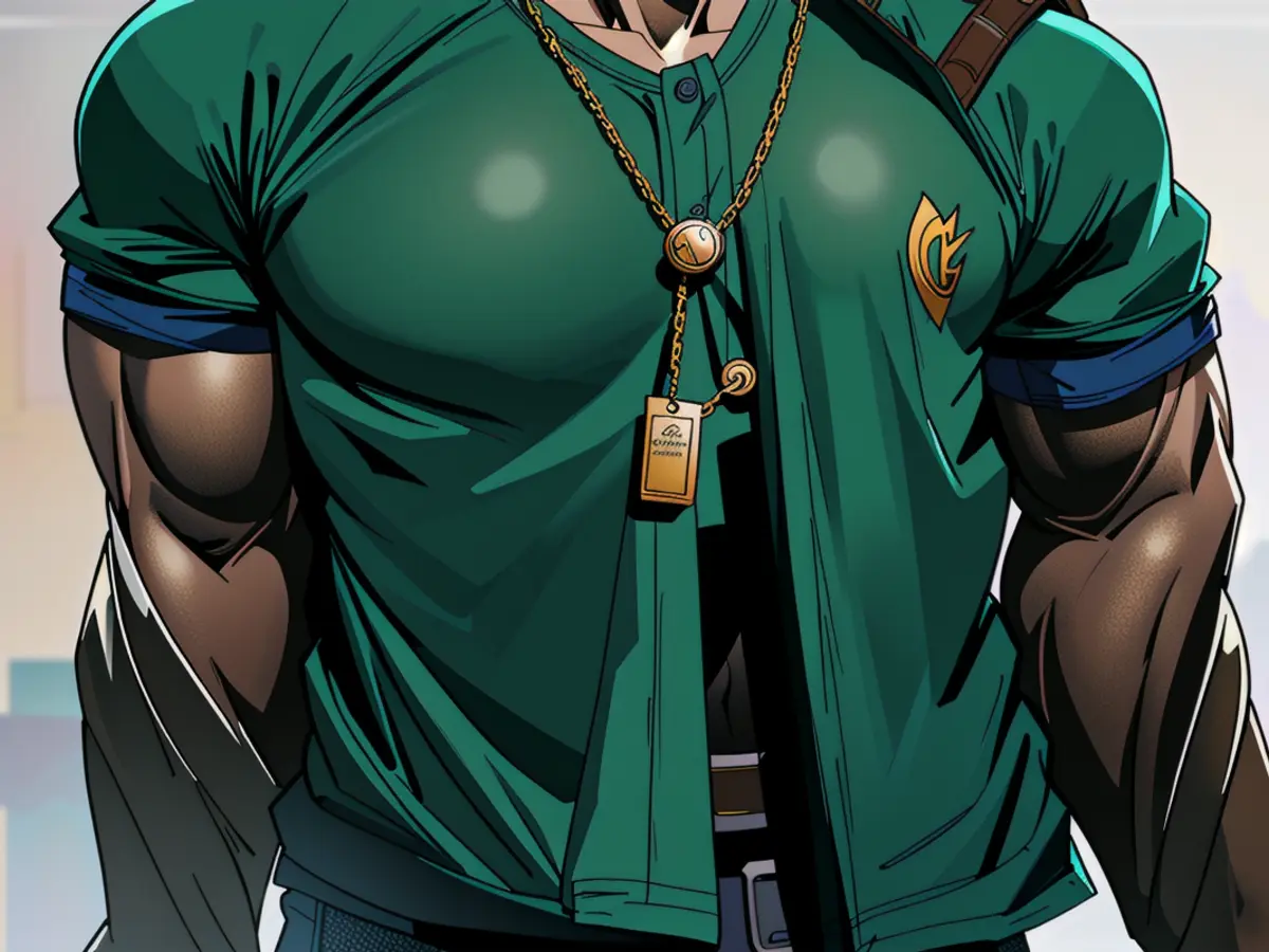 Individual donning a trendy long-sleeved shirt, featuring a blend of knit and fabric materials, adorned with a chain necklace. Individual adorned in a fashionable long-sleeved shirt, boasting a blend of knit and fabric materials, accompanied by a chain necklace.