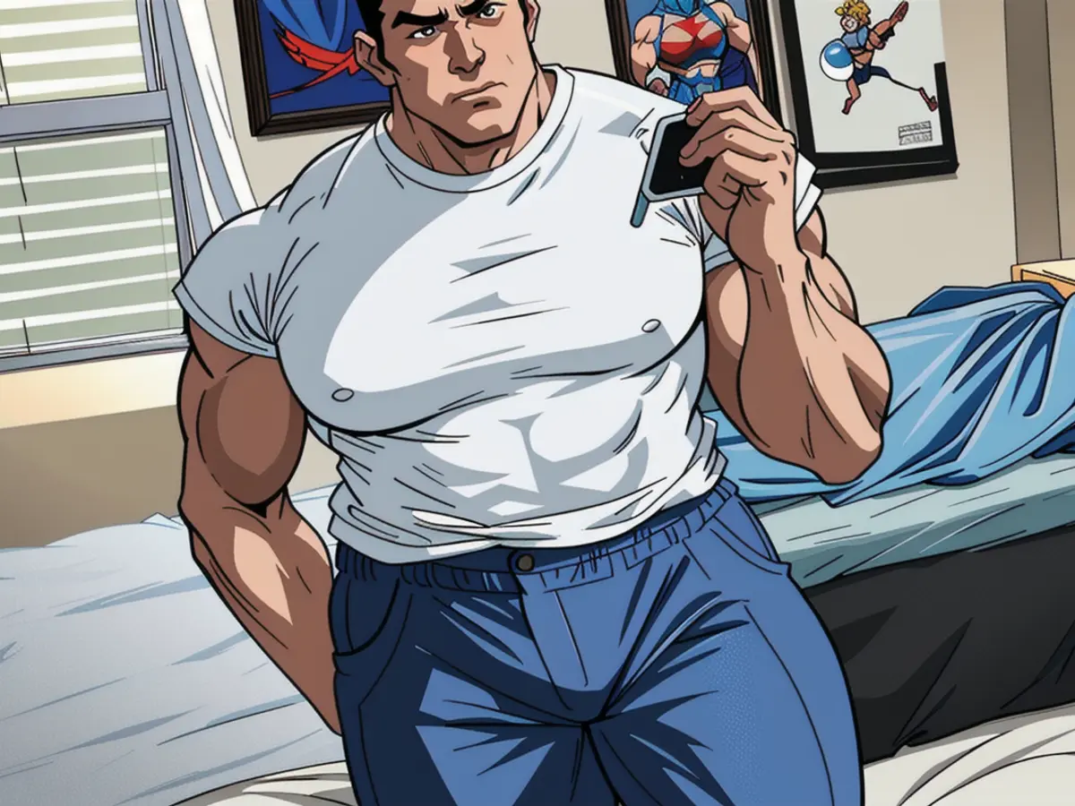 Selfie taken in a bedroom by a reviewer wearing a white t-shirt and wide-leg blue pants in the room. Reviewer snaps selfie in a room, clad in a white T-shirt and blue pants with a wide leg.