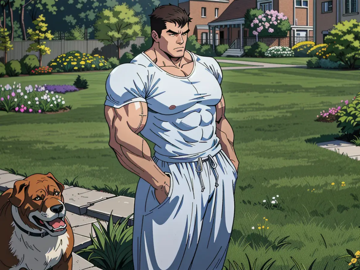 Woman casually dressed in a layered jumpsuit and sneakers, poses in a garden backdrop, pet dog present. Woman posing in relaxed jumpsuit and layered garment, accompanied by sneakers, set against a backdrop of a pet-filled garden.