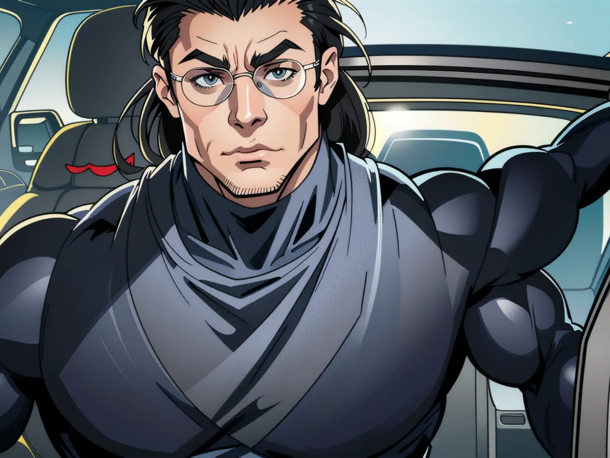 Individual with extended locks, seated in a vehicle, dons sunglasses atop head and a black neck-enveloping shirt. camera-gazing stance maintained. Individual with Extensive Hair Ride in Vehicle, Donning Sunglasses Perched on Head and Dark Turtleneck Top, Directing gaze towards Camera