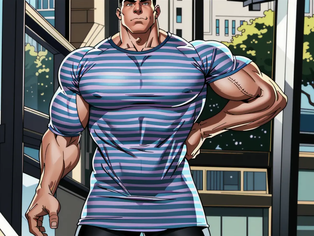 A person adorned in a loosely-worn striped top and black motorcycle shorts is captured in an image, casually positioned near expansive windows. A figure, dressed casually in a lenient striped top and black biker shorts, strikes poses near expansive glass windows.