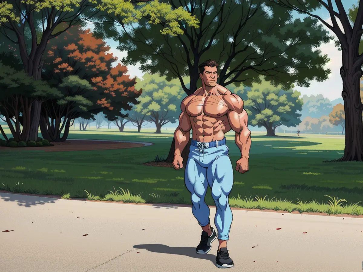 Individual strolling leisurely in a laid-back jumpsuit, carrying a brown sack, traverses a park's winding path amidst towering trees and lush foliage. Individual casually dressed in a jumpsuit, carrying a brown sack, strolls along a park trail surrounded by green vegetation and trees.