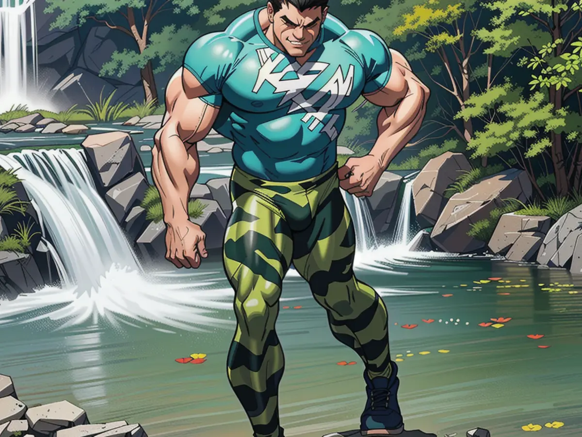 Reviewer beaming in serene outdoor ambiance, adorned in camouflage leggings and green attire, near a cascading waterfall and a pond, amidst verdant surroundings. Reviewer joyfully exists near a picturesque waterfall and pond, clad in camouflage leggings and a green attire, immersed within a lush outdoor environment.