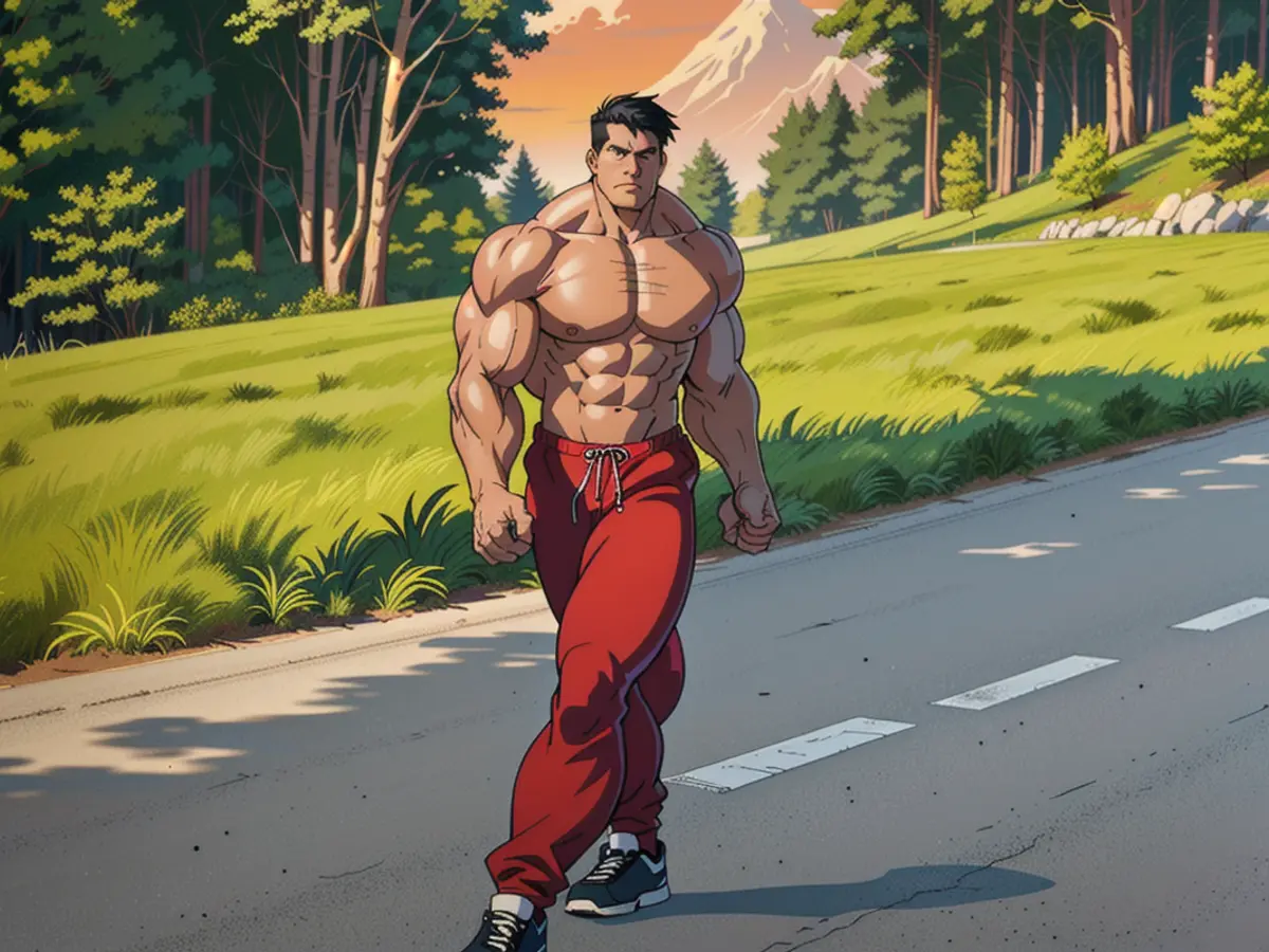 Individual strolling along a cobblestone path, donning a form-fitting blouse, wide-legged trousers, and athletic footwear, immersed in a landscape filled with towering trees and lush vegetation. Individual strolling along a concrete path, attired in a form-fitting top, wide-legged trousers, and sneakers, immersed in a setting encompassing trees and lush foliage.