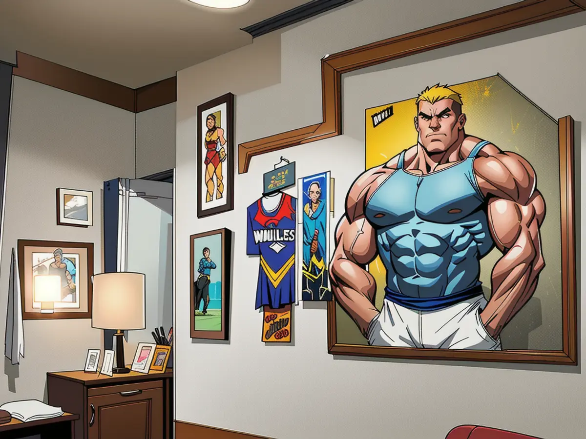 Wall-adorned photographs, illuminated by lighting fixtures above them. Illuminated frames of pictures adorn the wall.