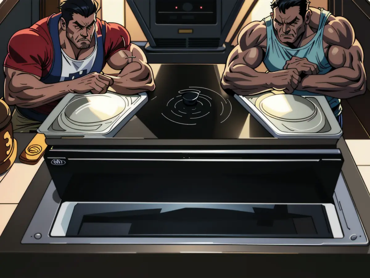 Before application, a stove top with signs of wear and grime buildup; after usage, the same stove top appears clean and reflective. Dirty, smudge-covered stove top transformed into a shiny, reflective surface upon application of the product.