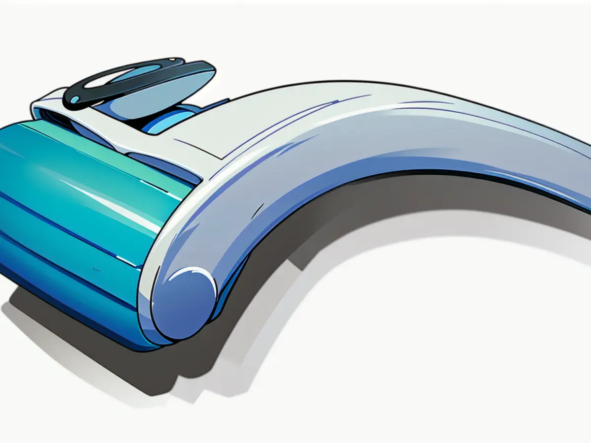 Roller, sporting a blue cylindrical component and a white handle, intended for cooling and massaging the skin. A gadget featuring a blue ice roller and a white handle is on offer.