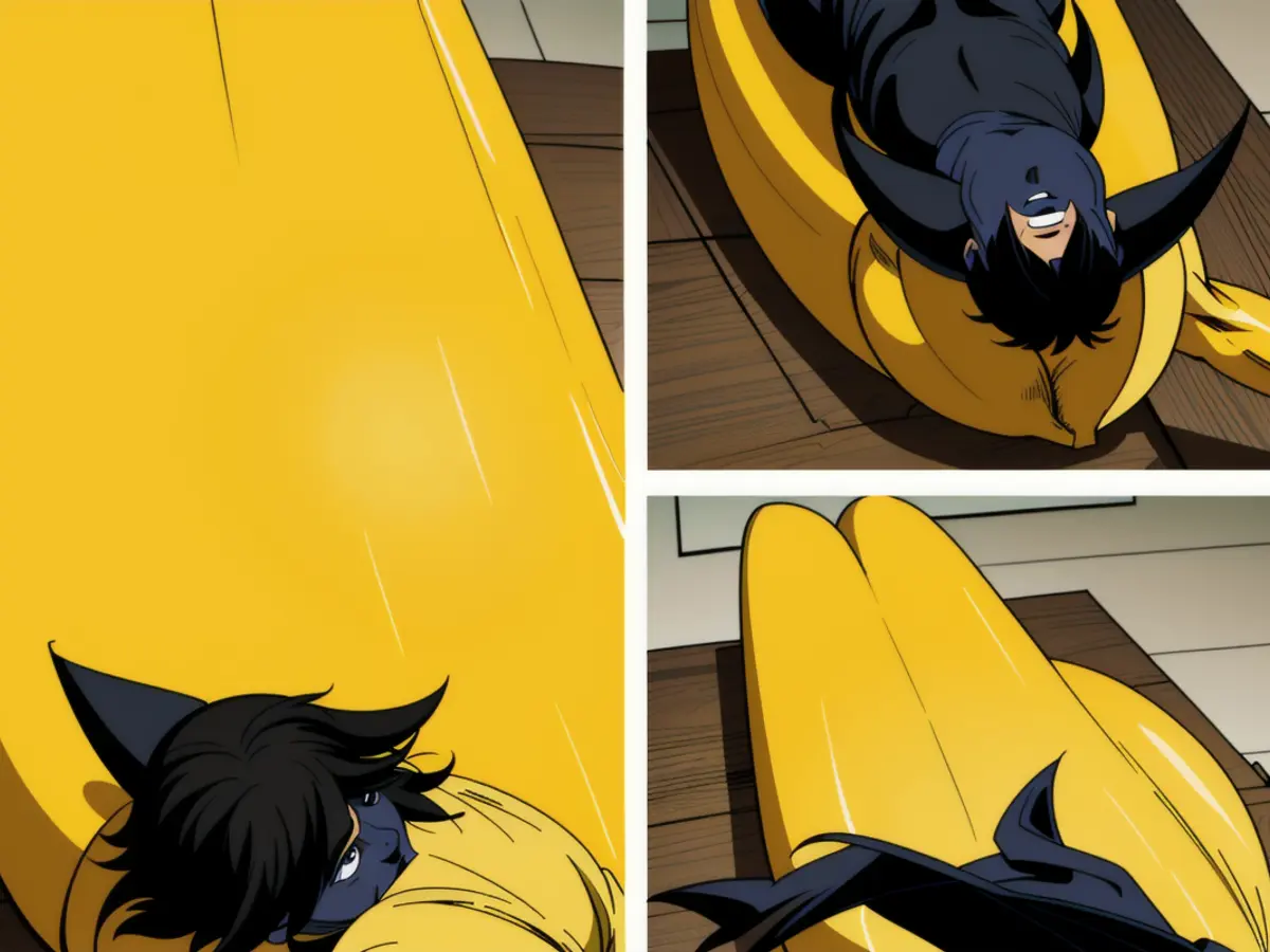 Cat lounging on a vibrant yellow banana-shaped bed, with the bed's peel acting as a cover or unveil for an entryway. Cat lounging on a vibrant yellow banana-shaped bed, as the bed’s banana peel functions as a cover or a reveal.