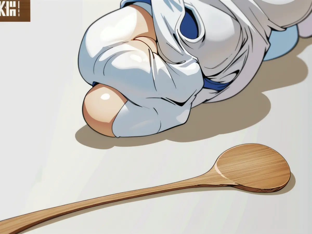 Decorative wooden spoon stand featuring a resting wooden spoon. A utensil stand, featuring a wooden spoon resting on top.