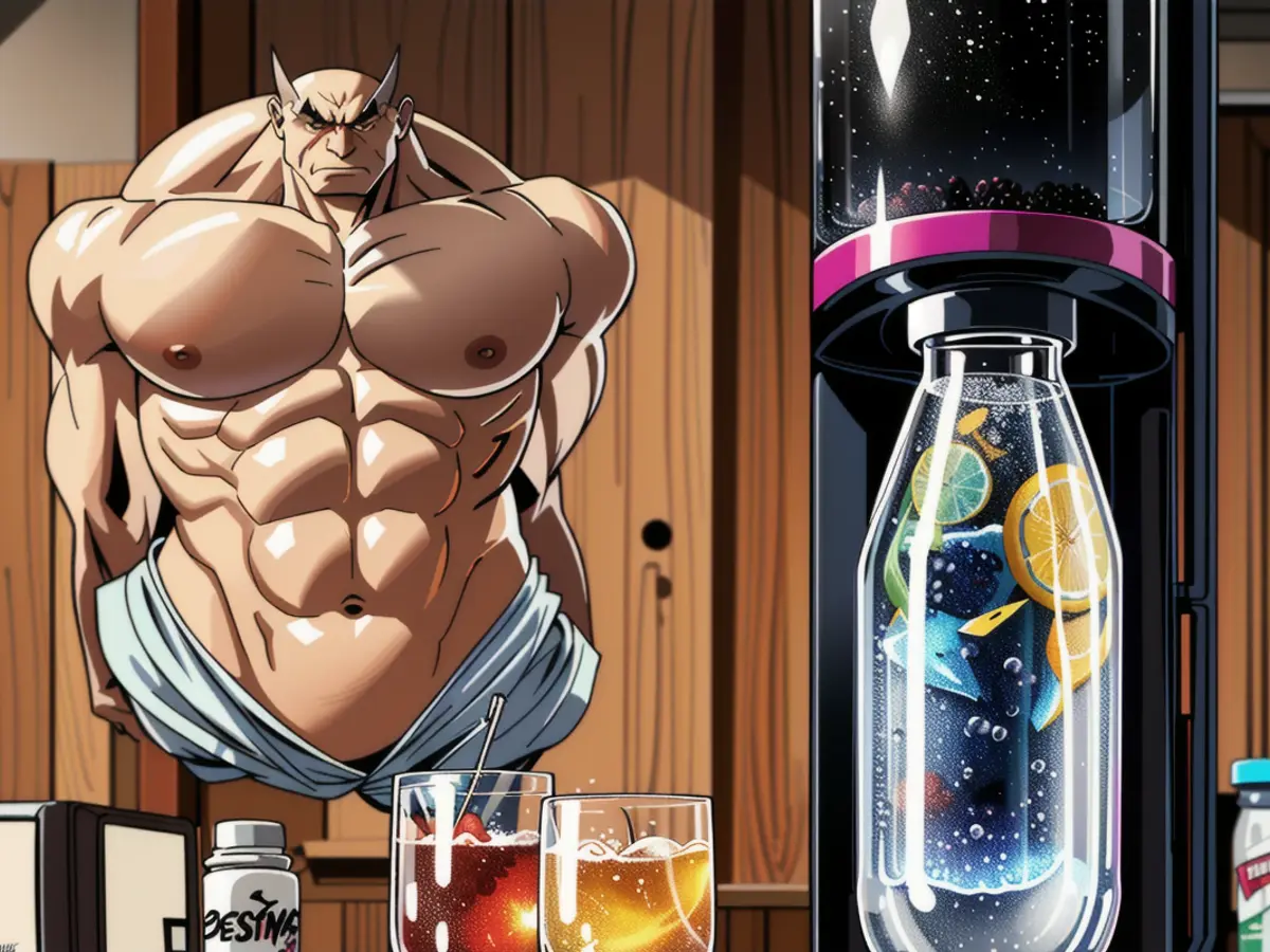 Sparkling water with berries, accompanied by a SodaStream setup nearby Soda Stream beside a glass filled with bubbly water and berries on top