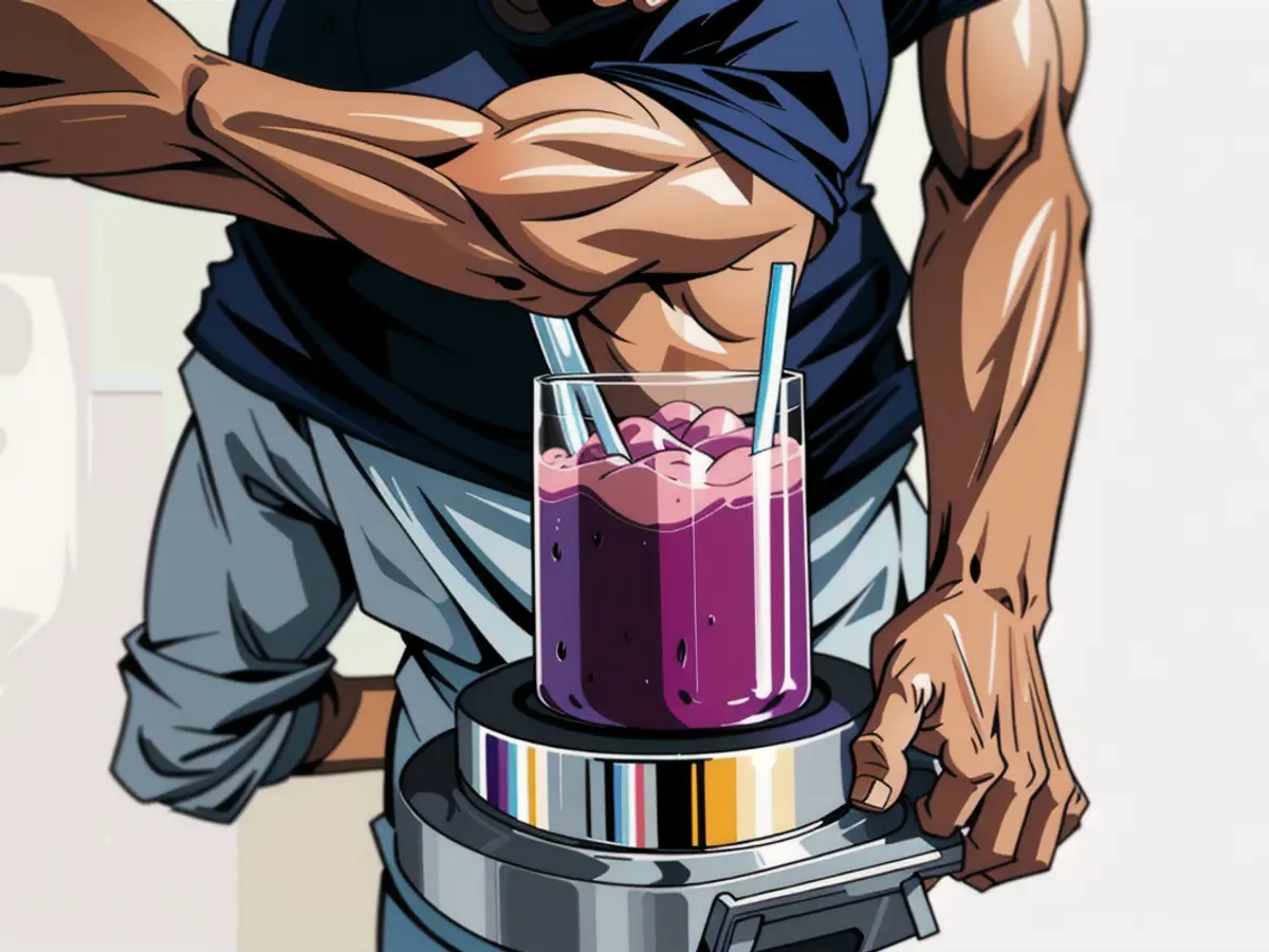 Model blending a silky drink Model preparing a smoothie drink.