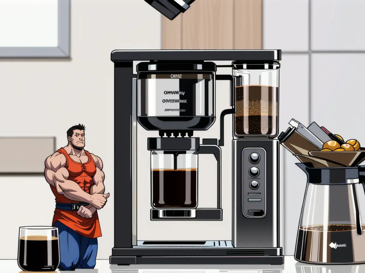 Countertop coffee appliance in action, brewing a fresh cup of coffee. Countertop coffee appliance in action, crafting a fresh cup of Joe.