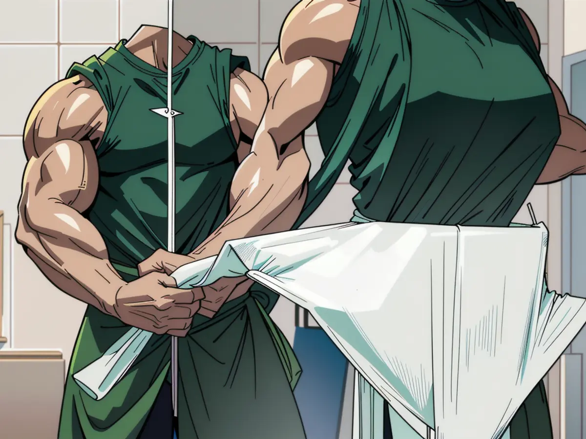 Bathroom decorated with rhythmically lined green towels Bathroom featuring strategically placed green towels.