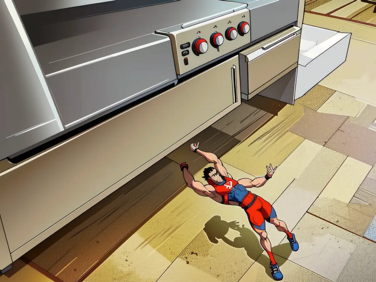 Oven Obstructed: Evidence Points to Barricade Beneath Appliance, Red Arrow Indicates Area of Concern Oven under review features distinct barrier below it, with a red indicator pointing towards it.