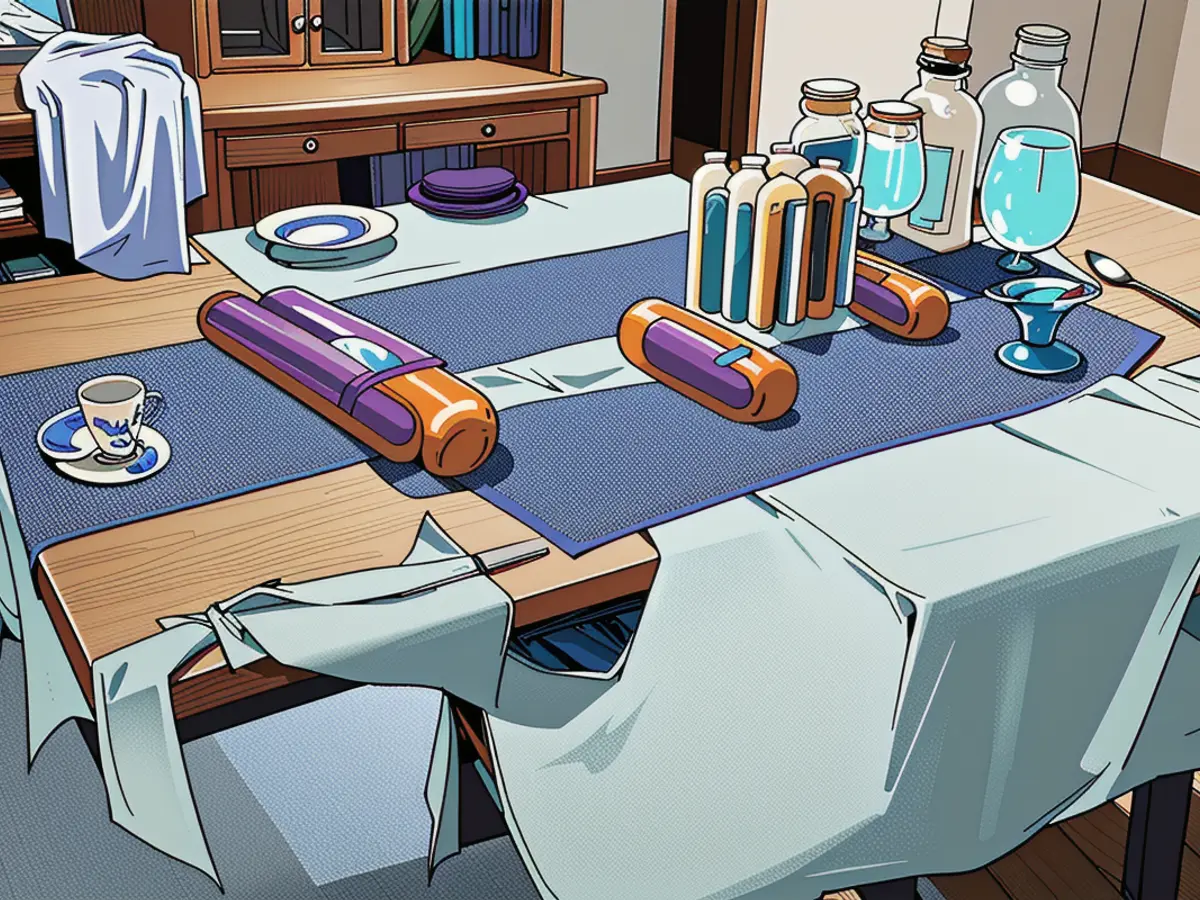Table setup shown with blue and white placemats featured in the review image. Dining table adorned with blue and white placemats, as captured by the reviewer's photograph.