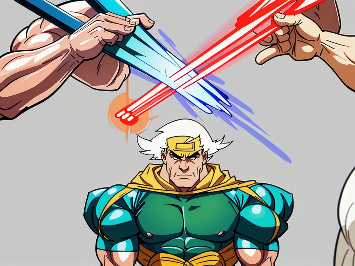 Two individuals wielding illuminated eating utensils. Individuals wielding illuminated chopsticks in their grasp