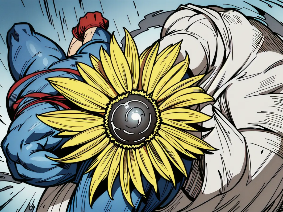 Denim jacket adorned with a sunflower brooch Denim Jacket adorned with a sunflower-shaped brooch