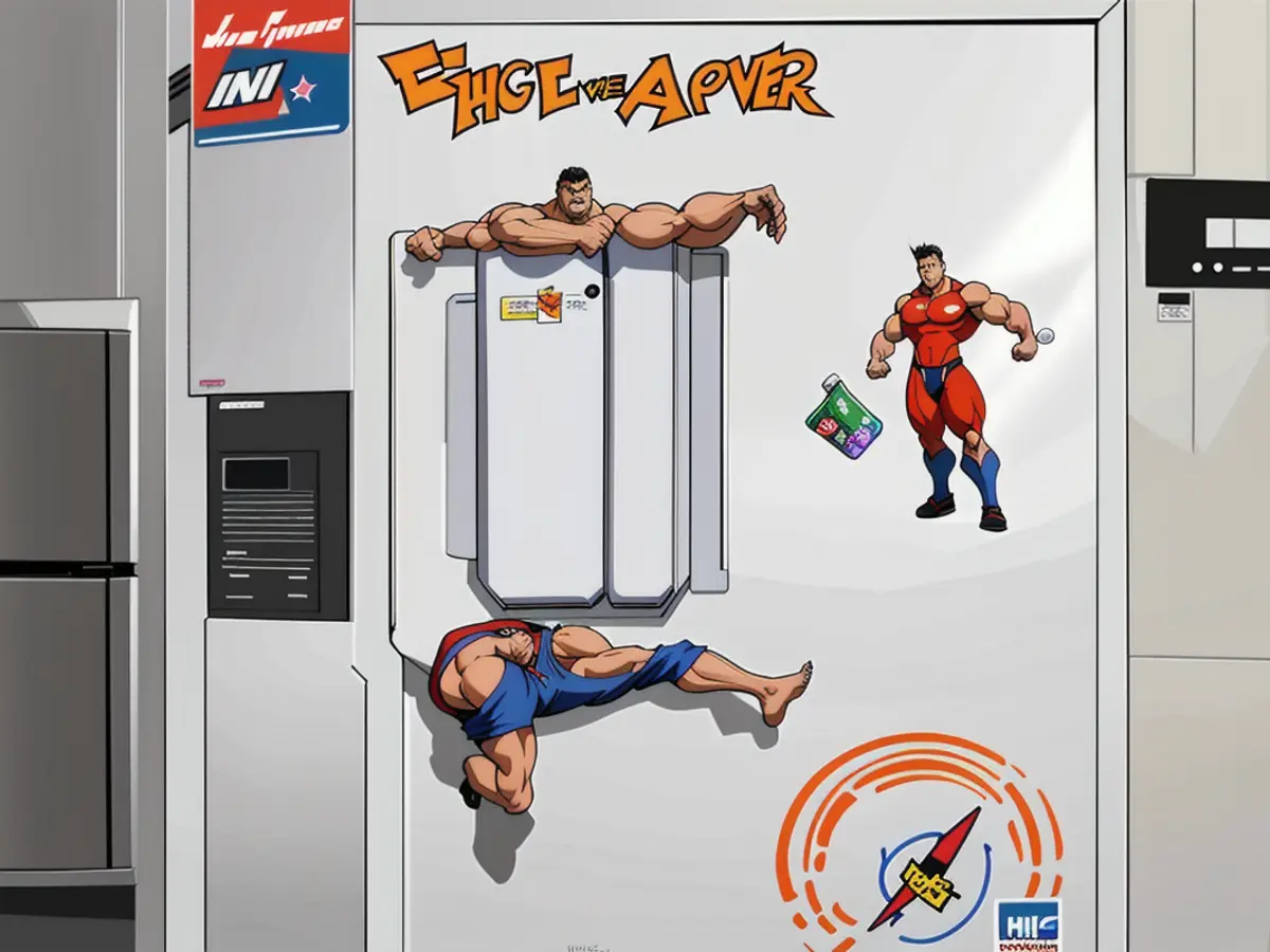 Image depiction of a mini refrigerator, white in color, adorned with various stickers Photograph captured of a petite fridge in white, adorned with assorted stickers.