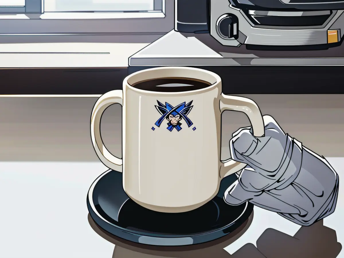 Mug positioned on circular heating platform for mugs, stationed on a table. Table accommodates a round black mug atop a circular heating platform for mugs.