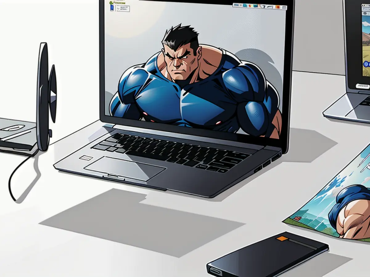 Laptop positioned on a stand, placed atop a desk Laptop placed atop a desk's stand in a seated position.