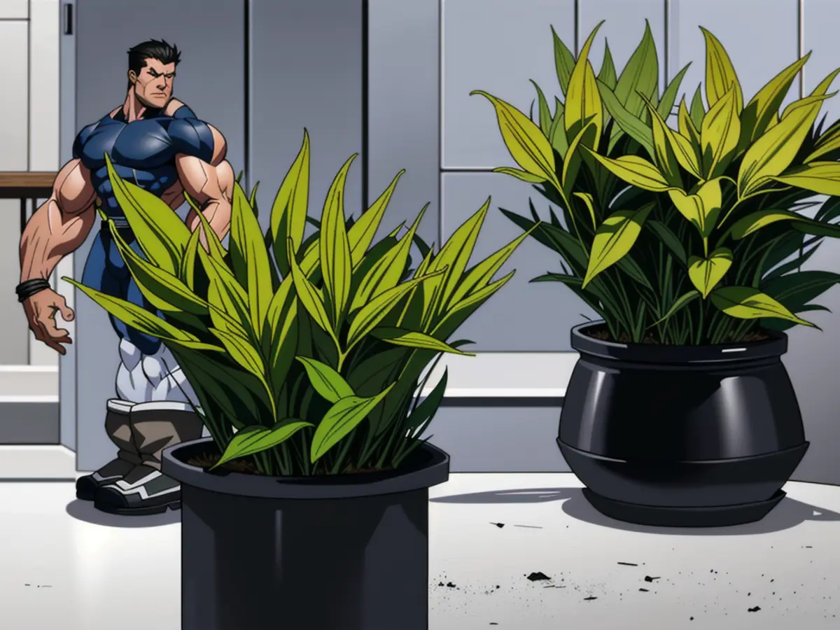 Black-hued artificial plants nested in containers Black-hued artificial plants arranged in ceremonial pots