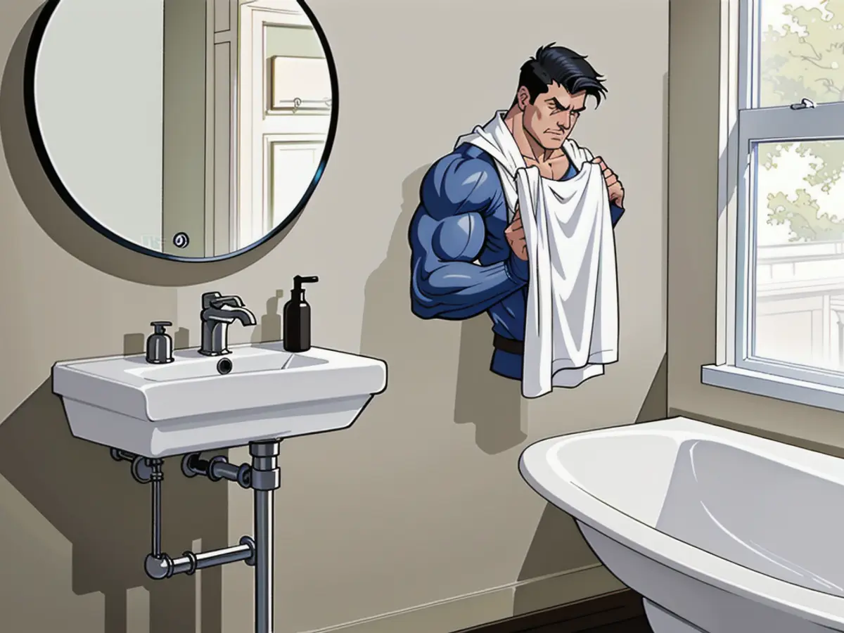 A reviewer's black round mirror, suspended above a bathroom's faucet. A bathroom's faucet is adorned with a black, circular mirror, as critiqued by a reviewer.