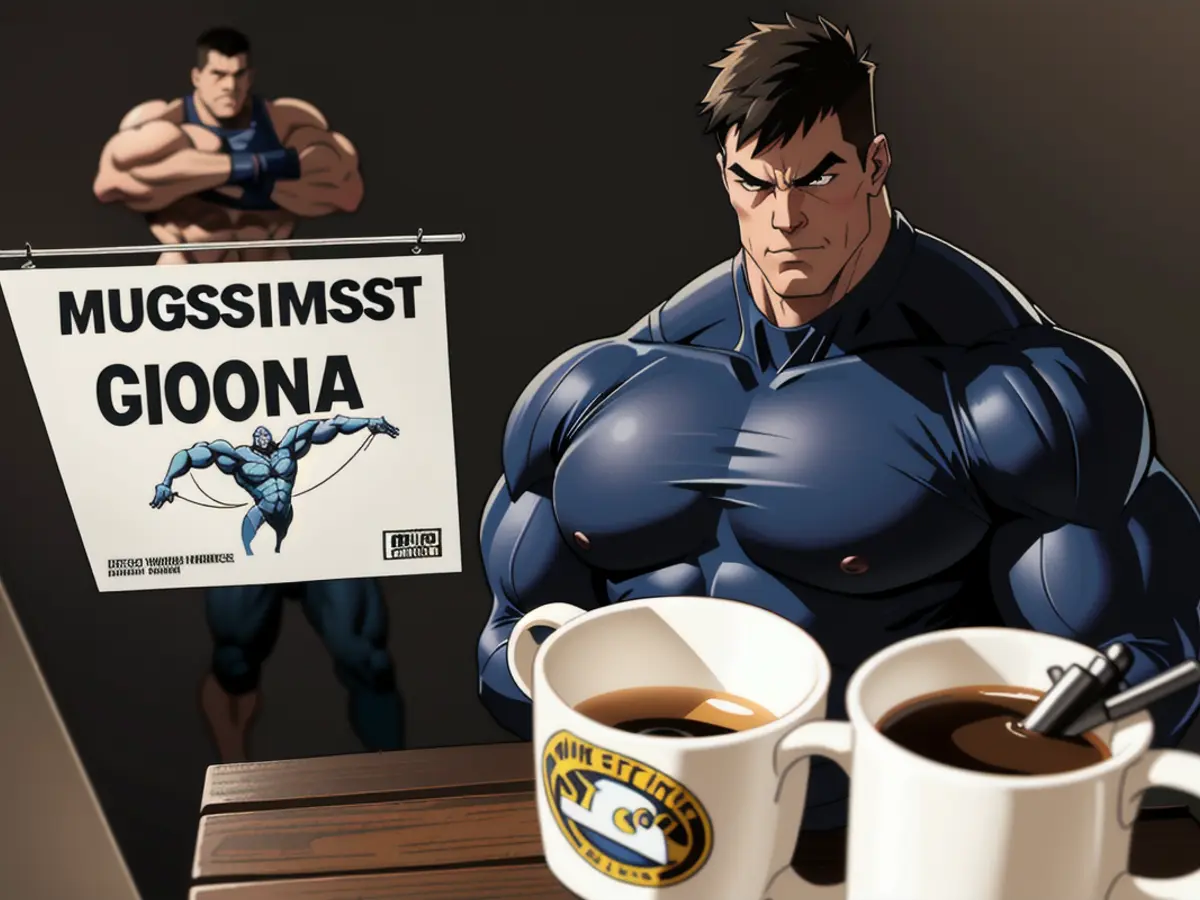 Image of Reviewer's Snapshowing Distance Measurement Sign Next to Two Coffee Cups for Perspective Comparison Image of assessor's snapshowing measurement marker positioned beside two coffee cups as a size reference