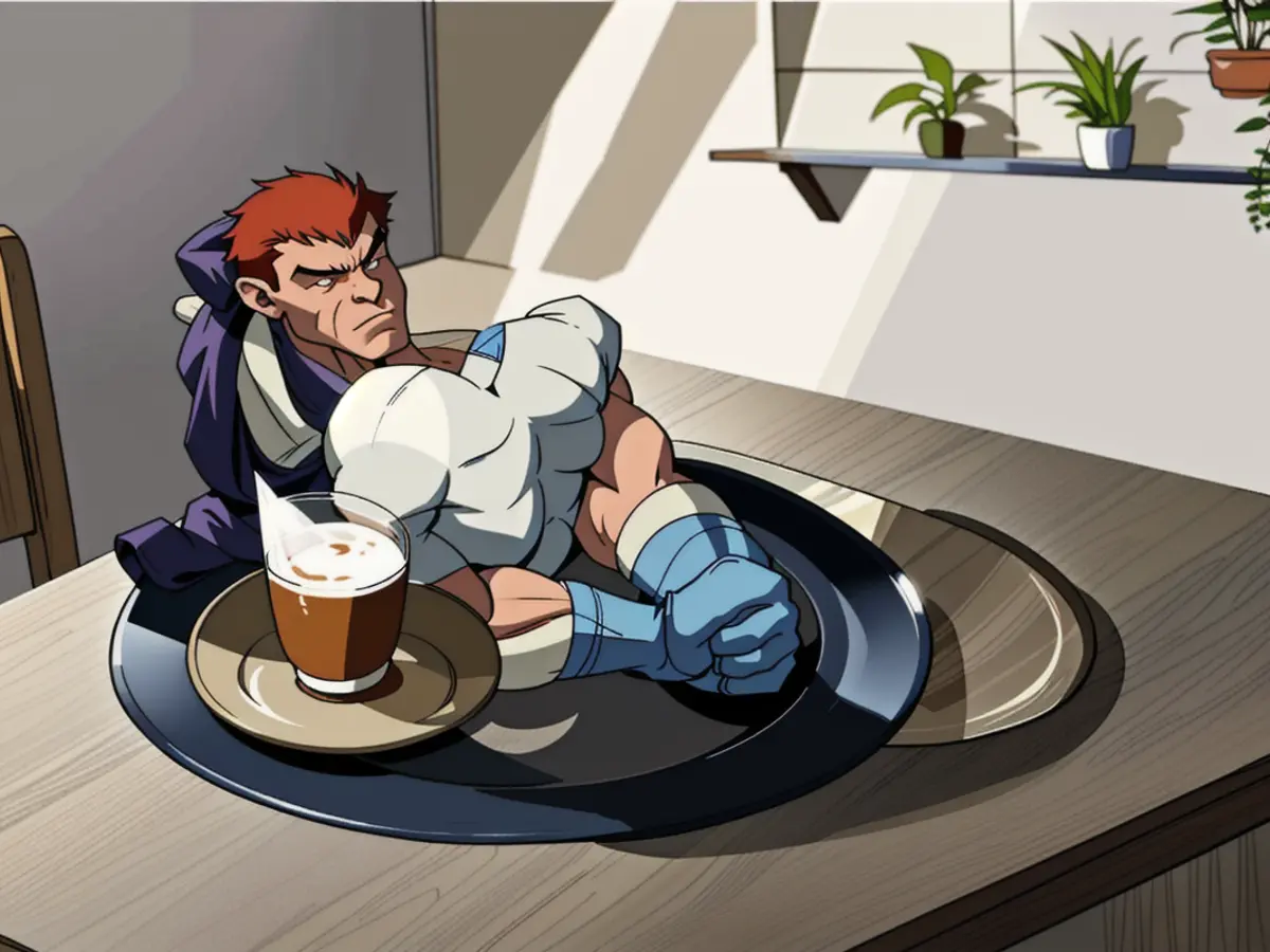 Coffee-laden tray sits, adorned with a potted plant Coffee-laden serving tray anchors a potted plant
