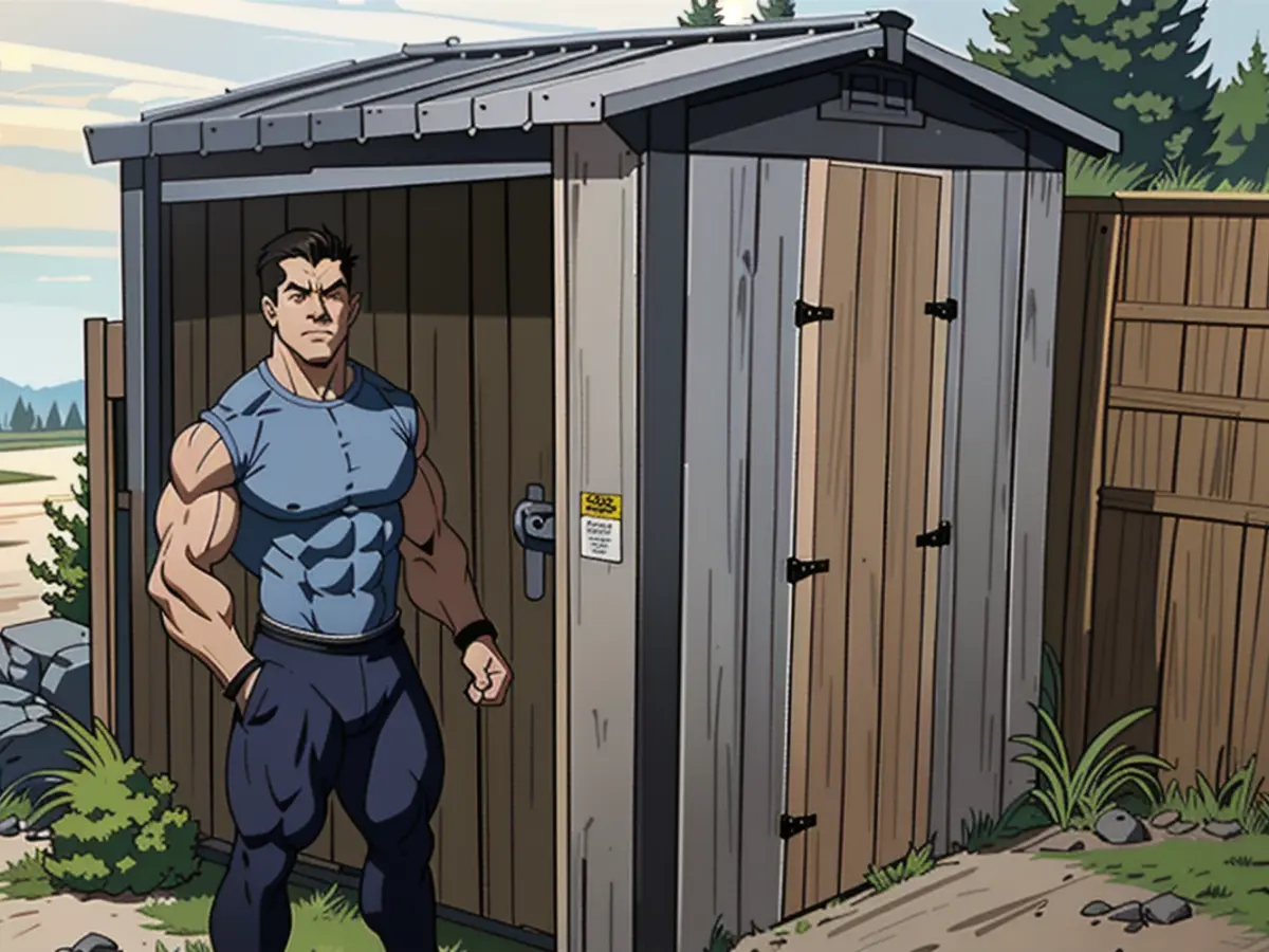 Image of a reviewer standing before a brown and black shed.