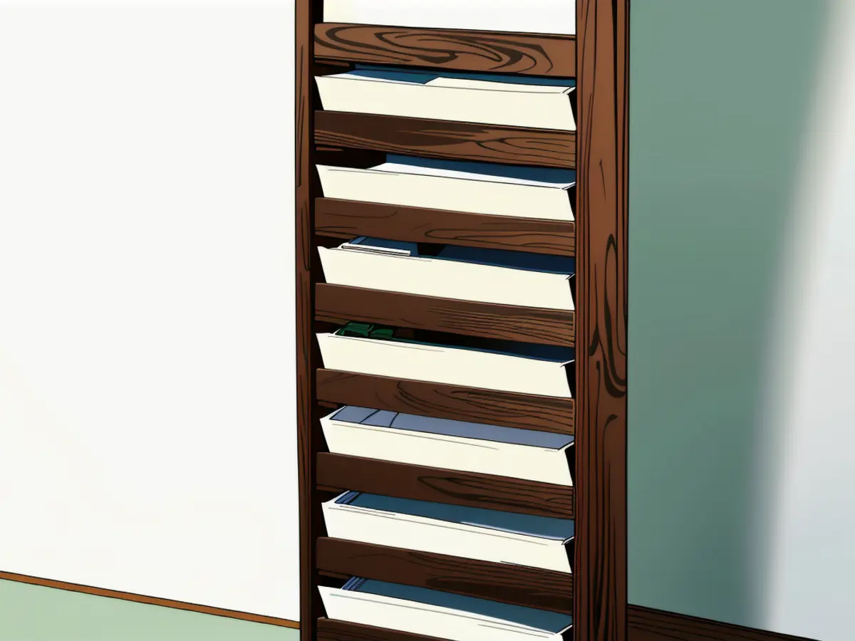 Multi-tiered, wooden document storage unit with ten individual sections.