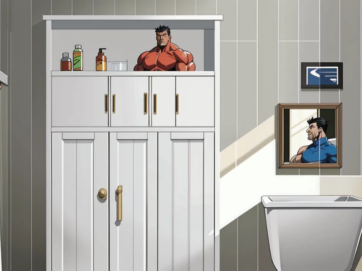 Storage unit situated within a restroom's interior.