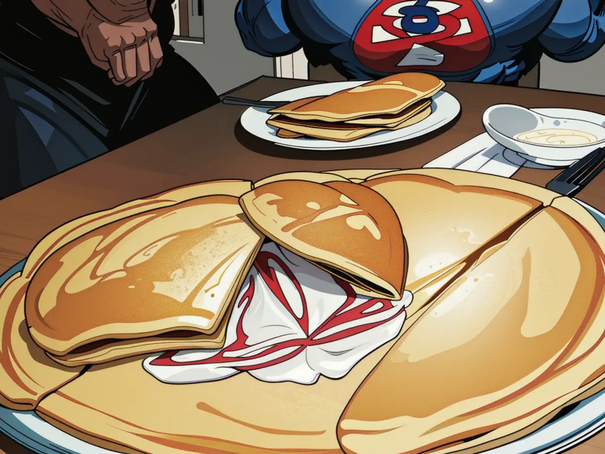 Photo depicting a pancake-filled griddle with neighboring plate of prepared pancakes