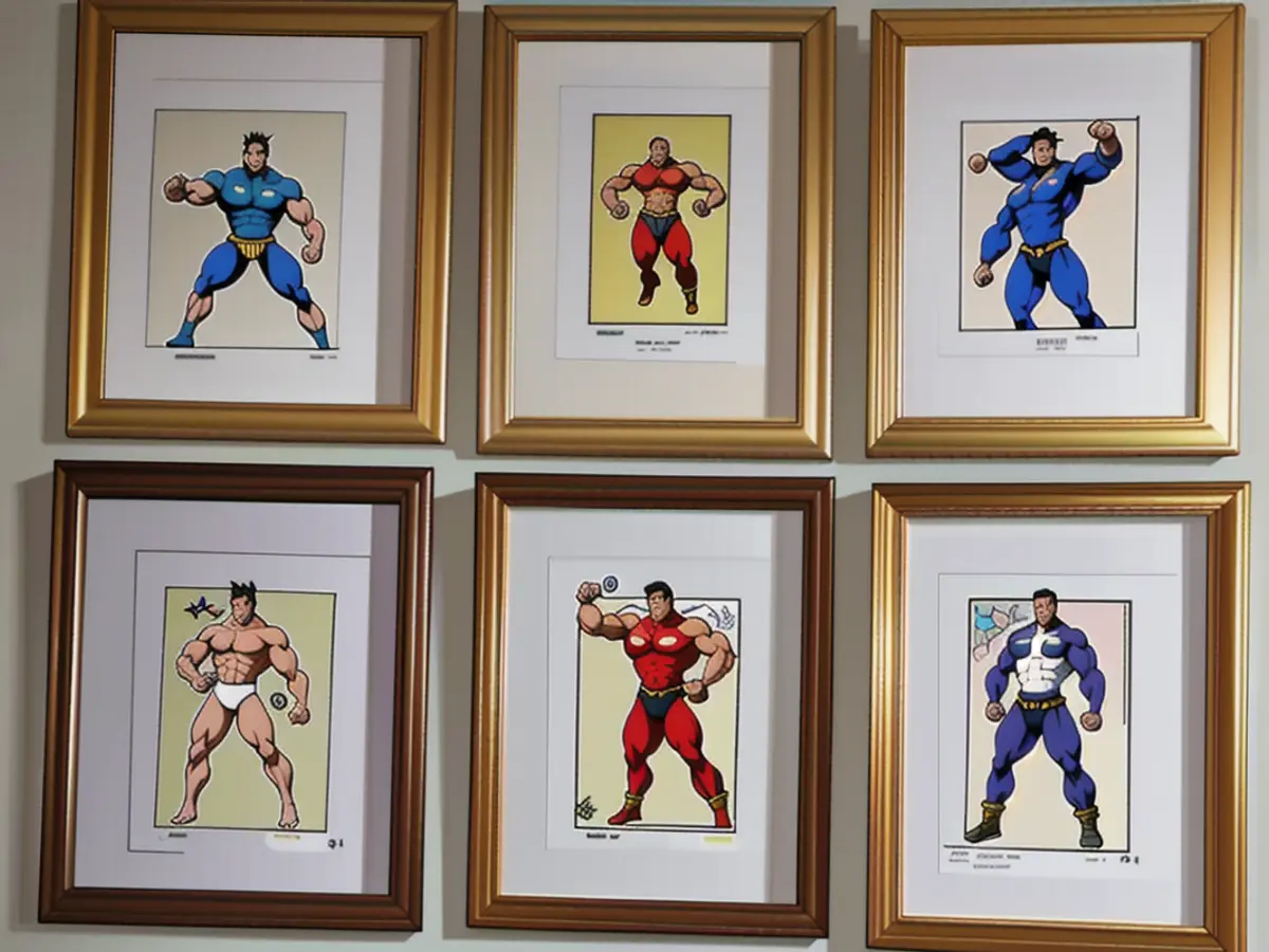 Arrangement of six framed prints on a wall, displayed in two rows with three prints each, captured in a reviewer's photo. Six framed prints displayed in a grid-like pattern on a wall, with two rows containing three prints each.