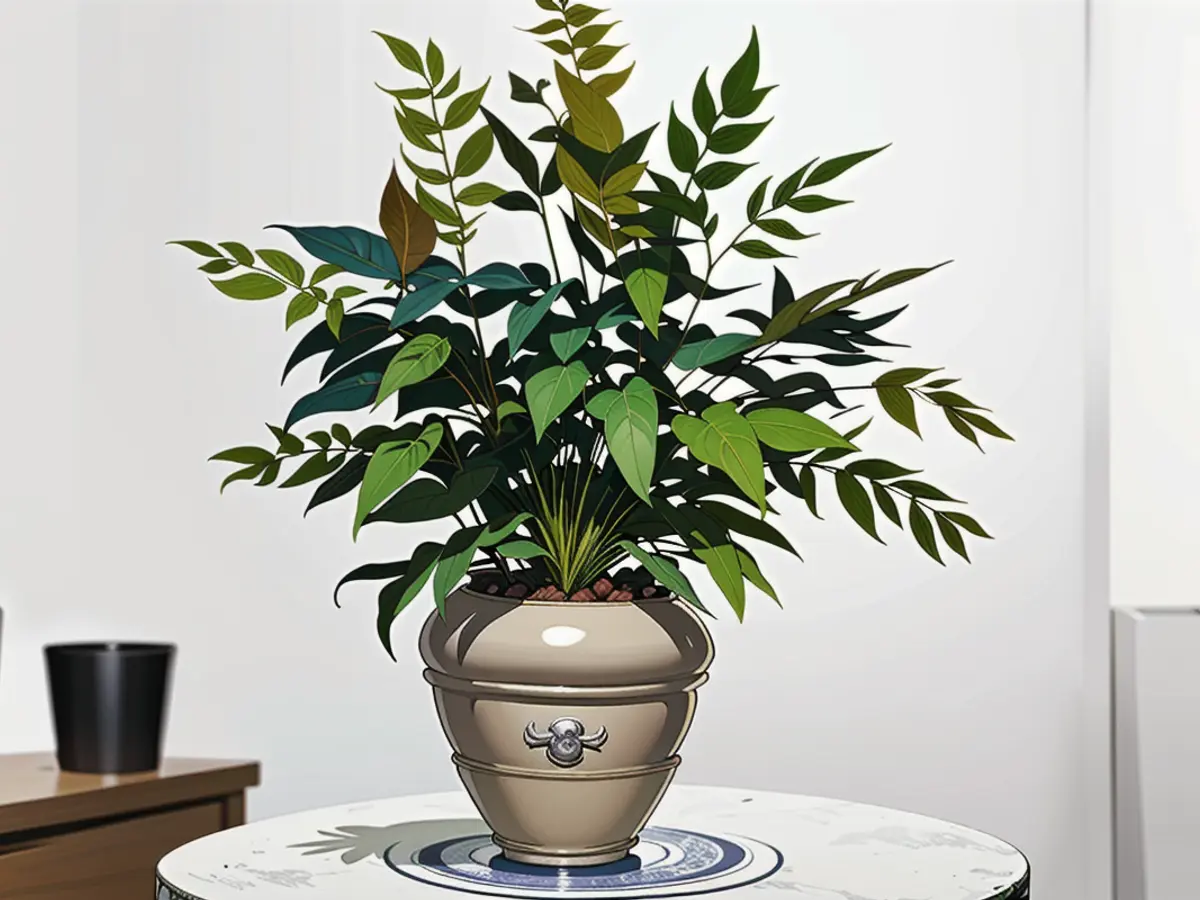 Counterfeit eucalyptus shrub in a ceramic vessel positioned on a table Decorative ceramic pot containing an artificial eucalyptus tree, placed on a table.