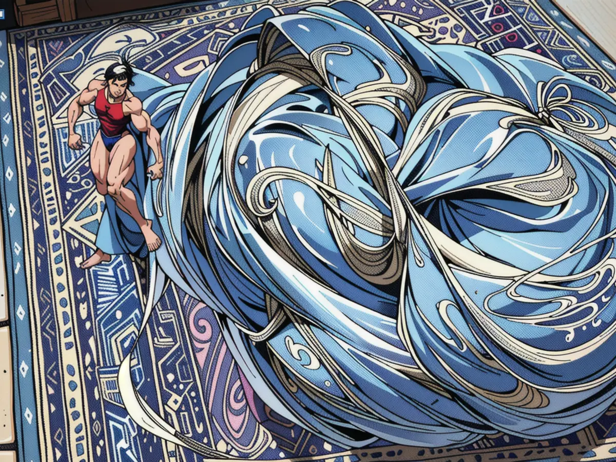 Intricately patterned rug, showcasing shades of ivory and blue. Ivory and blue ornamental rug featuring a complex design