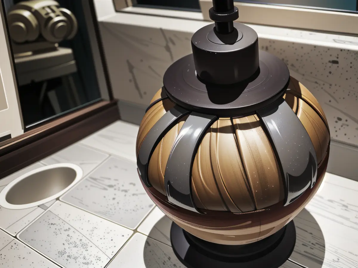 Countertop bathroom soap dispenser in the bathroom setting. Bathroom counter hosts a rotund, soap-dispensing device