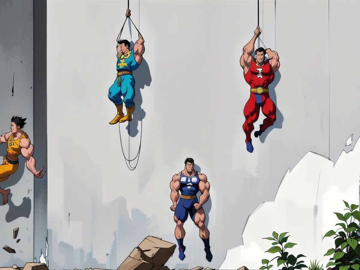 Three individuals, identified as Buddy Hooks, scaling a vertical surface Three companions, identifiable as Buddy Hooks, ascending a vertical surface