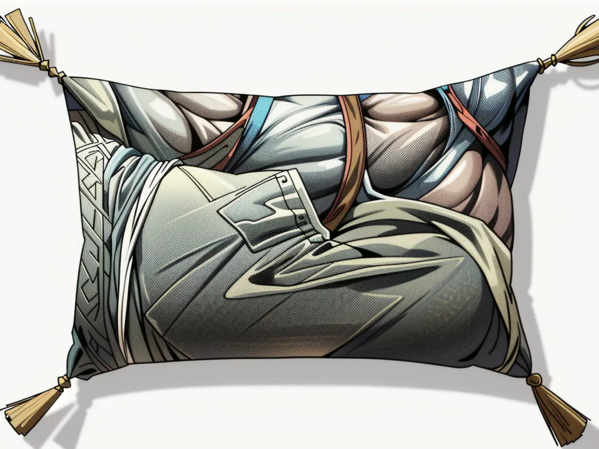 Geometric-design pillow featuring contrasting charcoal and white tones, adorned with a tassel at each corner. Decorative Pillow Featuring a Geometric Design in Charcoal and White with Tassels at Each Corner