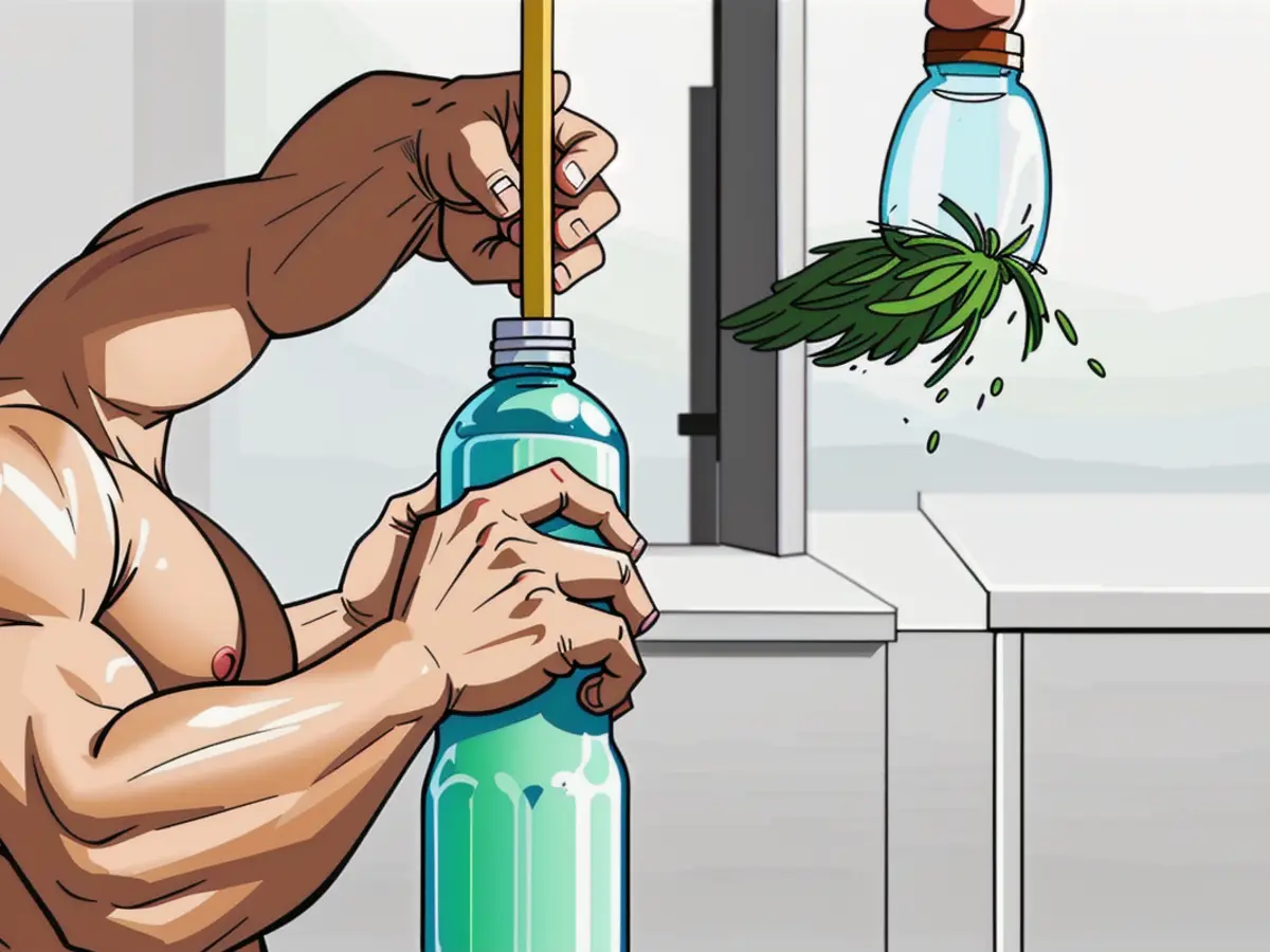 Employs a bottle brush for scrubbing the interiors of a water bottle Utilizing a bottle brush for interior cleaning of a water bottle.