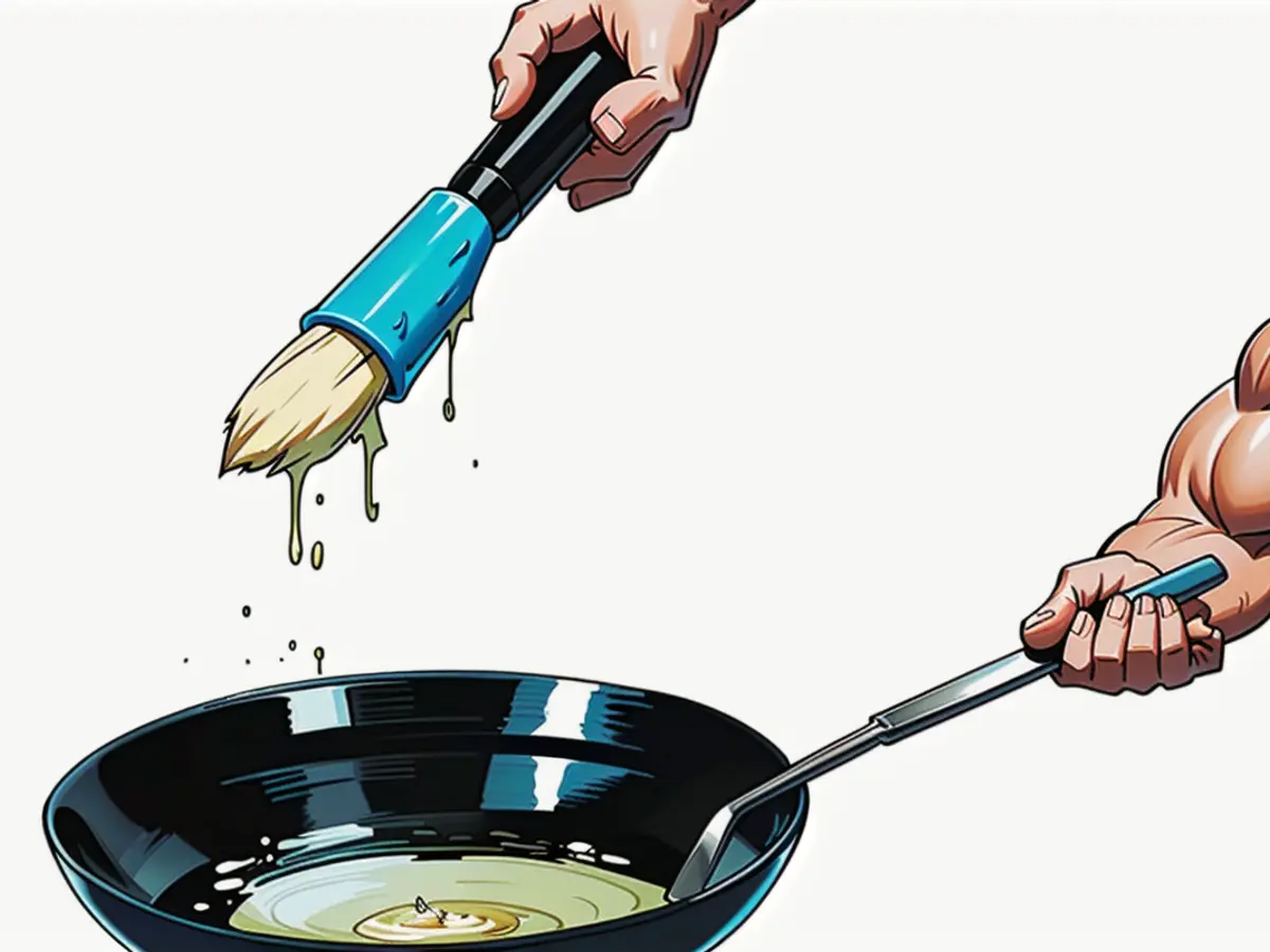 Soap dispenser brush being utilized to distribute soap into a pan instead. Using a dish brush as a soap dispenser, pouring soap into a pan.