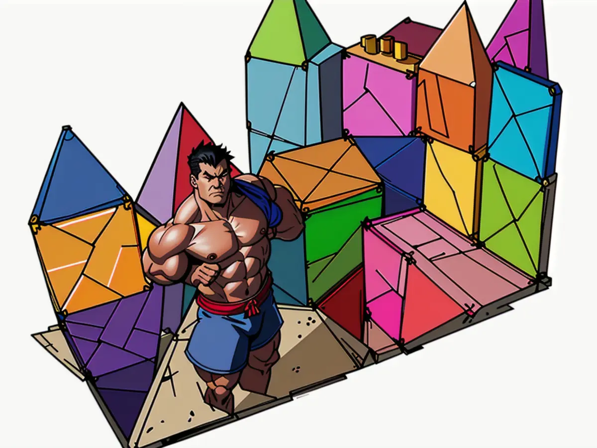 Hued squares and triangles, bound by magnets, assembled into a vertical structure Stack of vibrant square and triangle magnets assembled into a towering structure