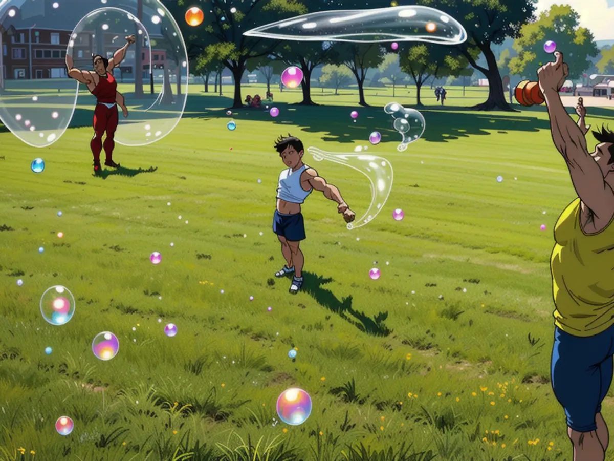 Kid utilizing bubble wand to generate massive bubble, as observed by reviewer. Child blowing up colossal soap bubble using magical wand, astonishing spectators