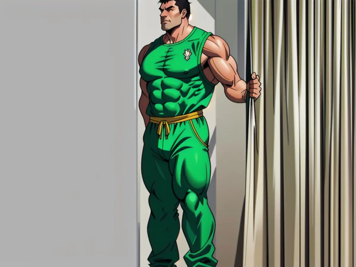 Model wearing a green sleeveless jumpsuit. Model donning a lime-hued jumpsuit designed for sleeping.