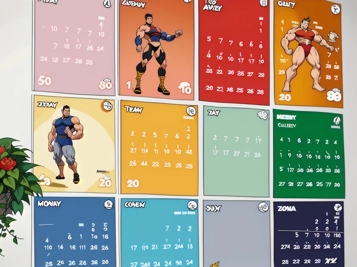 Twelve separate, solid-colored monthly calendar posters composing a wall planner for scheduling purposes. Twelve individual color-coded monthly calendar posters assembled to create a wall planner