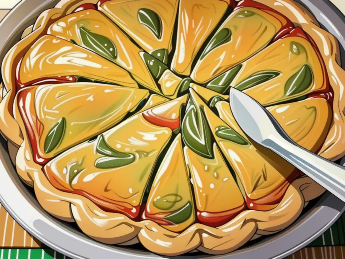 Image of a quiche, artfully arranged in a pie dish, shared by a critique. Image of a fluffy, golden-crusted quiche, nestled in a pie pan.