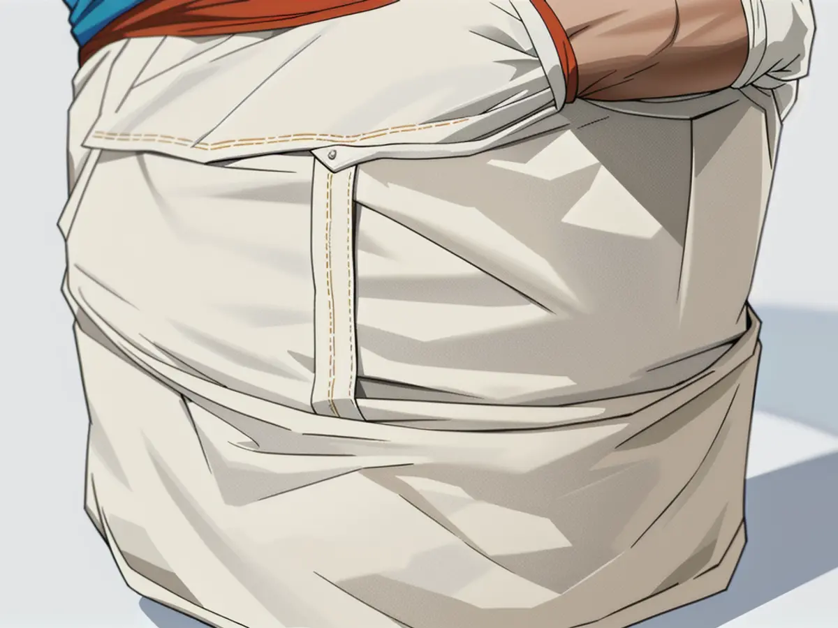 A leather-strapped, woven container in white color.