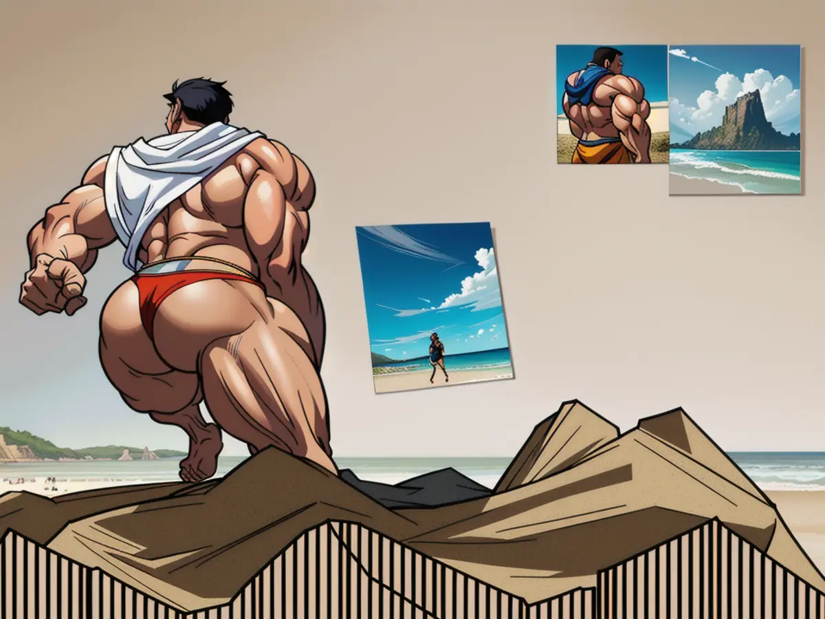 Picture inside a square frame, displaying a sandy, sunlit beach scene