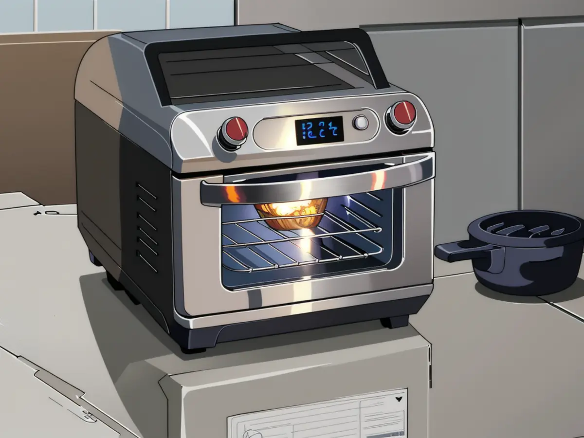 Toaster oven air fryer image showcased on a kitchen countertop, presented by the reviewer. Image showing a toaster oven air fryer displayed on a kitchen countertop, assessed by a reviewer